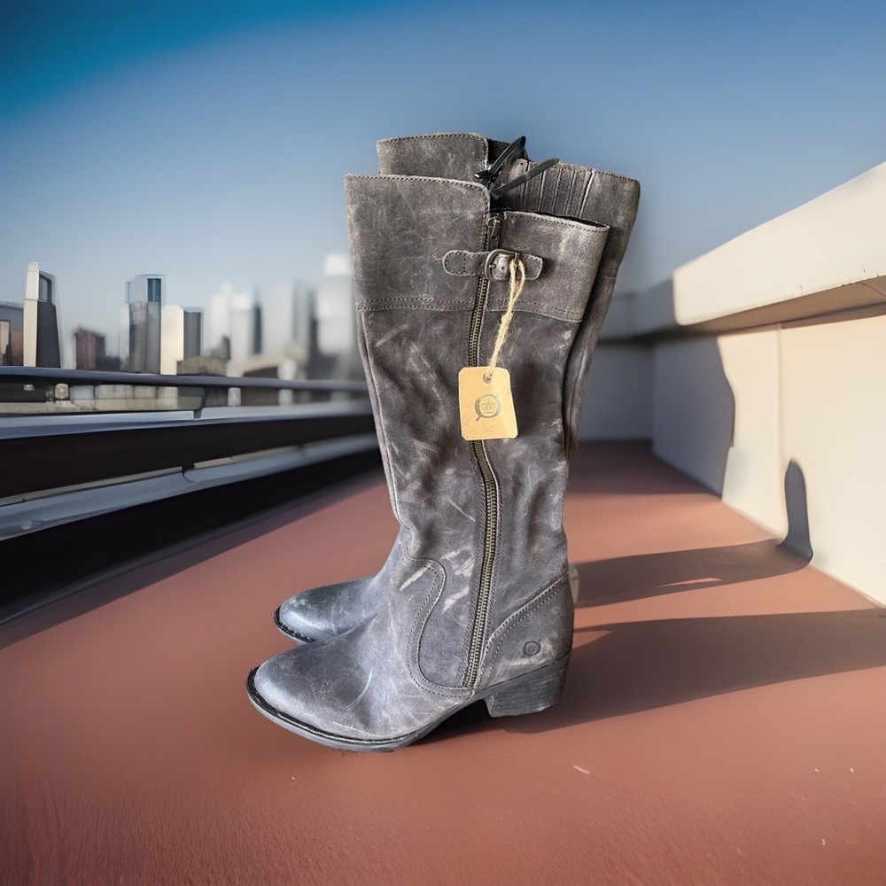 Born Womens Fannar Riding Boots‎ Size 7 M Tall Gray Suede Distressed Double Zip